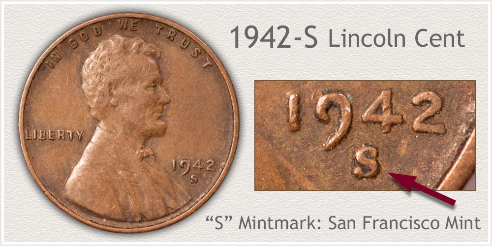 1942-S wheat penny close-up showing S mint mark directly below the date — San Francisco Mint identification detail