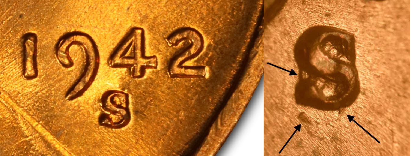 1942-S wheat penny RPM FS-512 repunched mint mark showing doubled S impression at offset position — two S marks visible under magnification