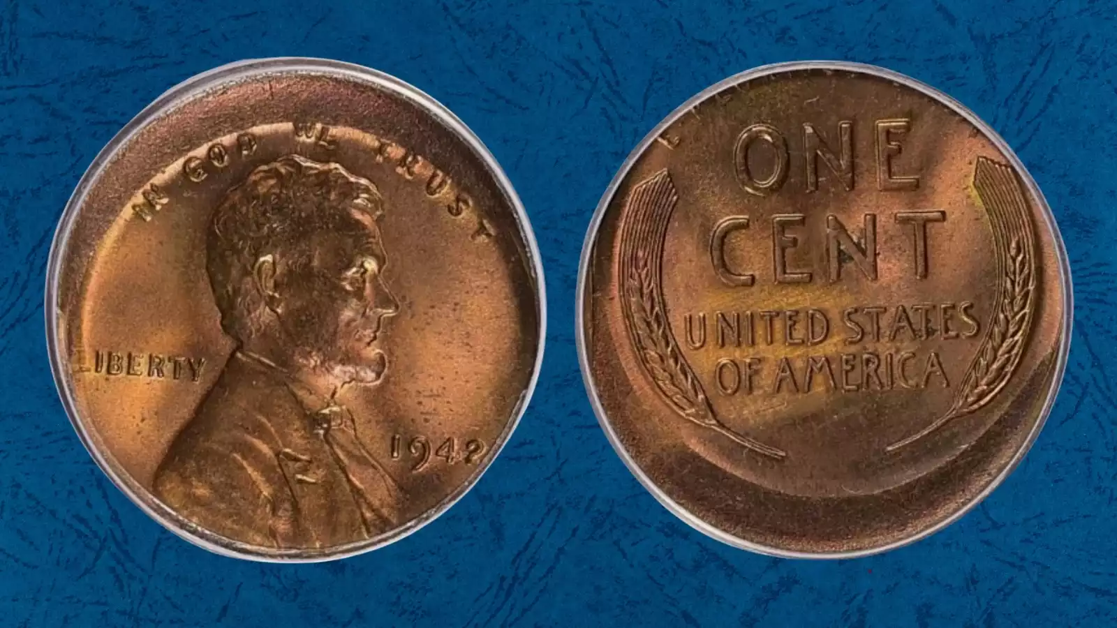 1942 wheat penny off-center strike error showing partial design with date visible and broad flat unstruck planchet crescent