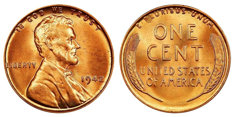 1942 wheat penny grading comparison showing four coins from heavily worn Good to uncirculated Mint State Red
